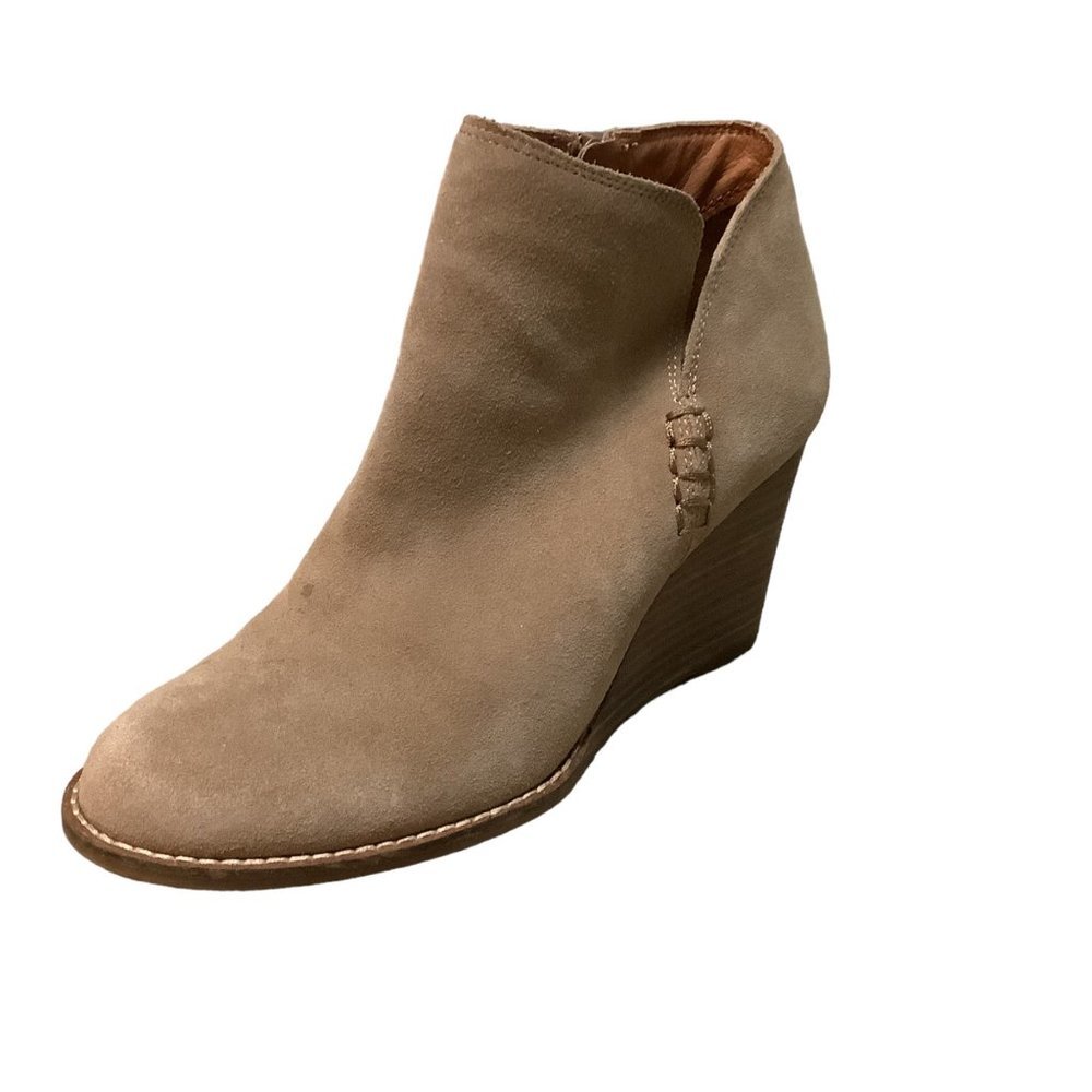 LUCKY BRAND Tan Wedge Side Zip Almond Toe Bootie-Size 8.5